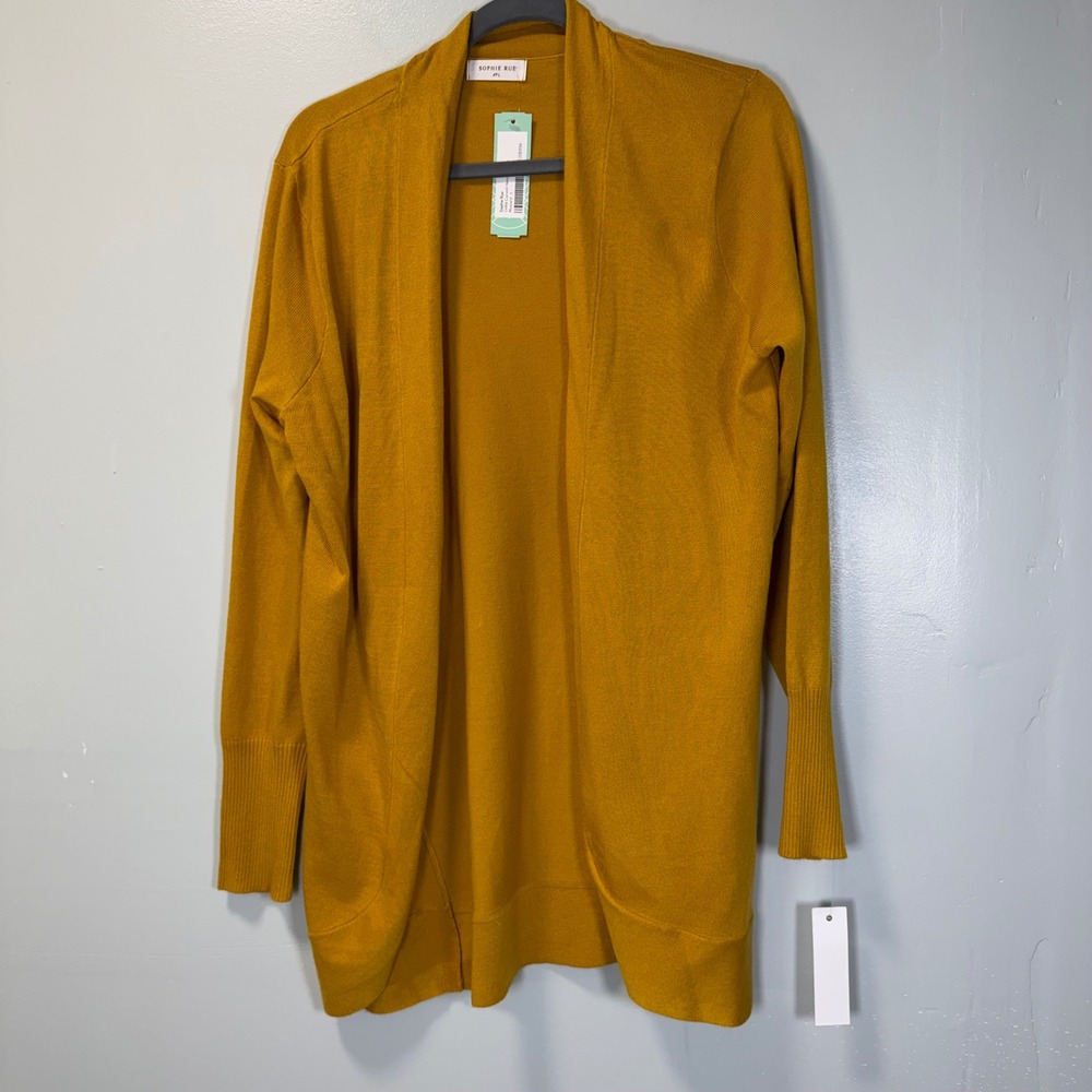 Sophie Rue Delila Curved Hem Open Front Cardigan‎ Mustard Yellow Large NWT